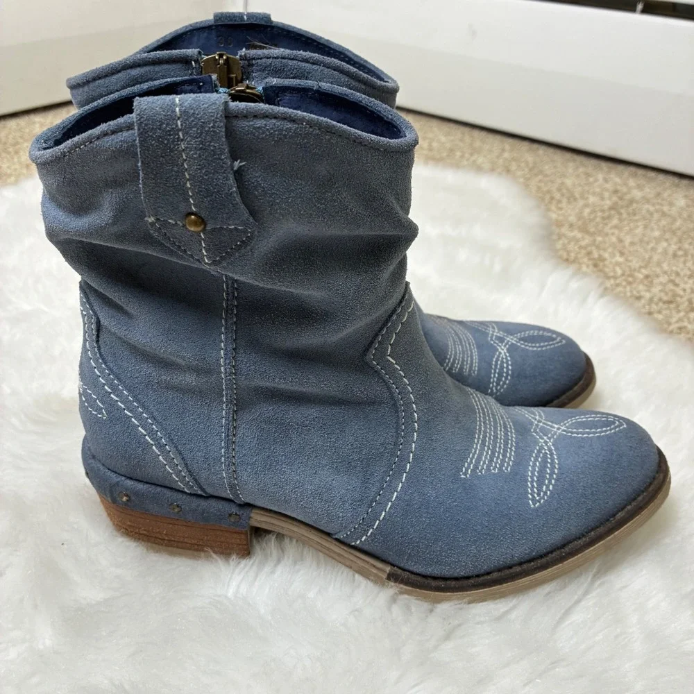 Sundance Blue Suede Slouchy Western Ankle Boots Size 38 Cowgirl Rodeo Hand Made